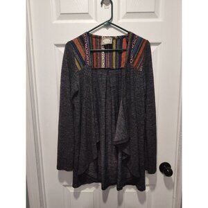 Skonhet Draped Front Open Cardigan Sweater Size XLarge Gray Long Sleeves Stripes
